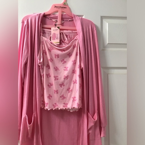 NWT Juicy Couture Pink Bow Print 3 Pajama Set Cardigan Rhinestone JC logo Size M - Picture 2 of 5